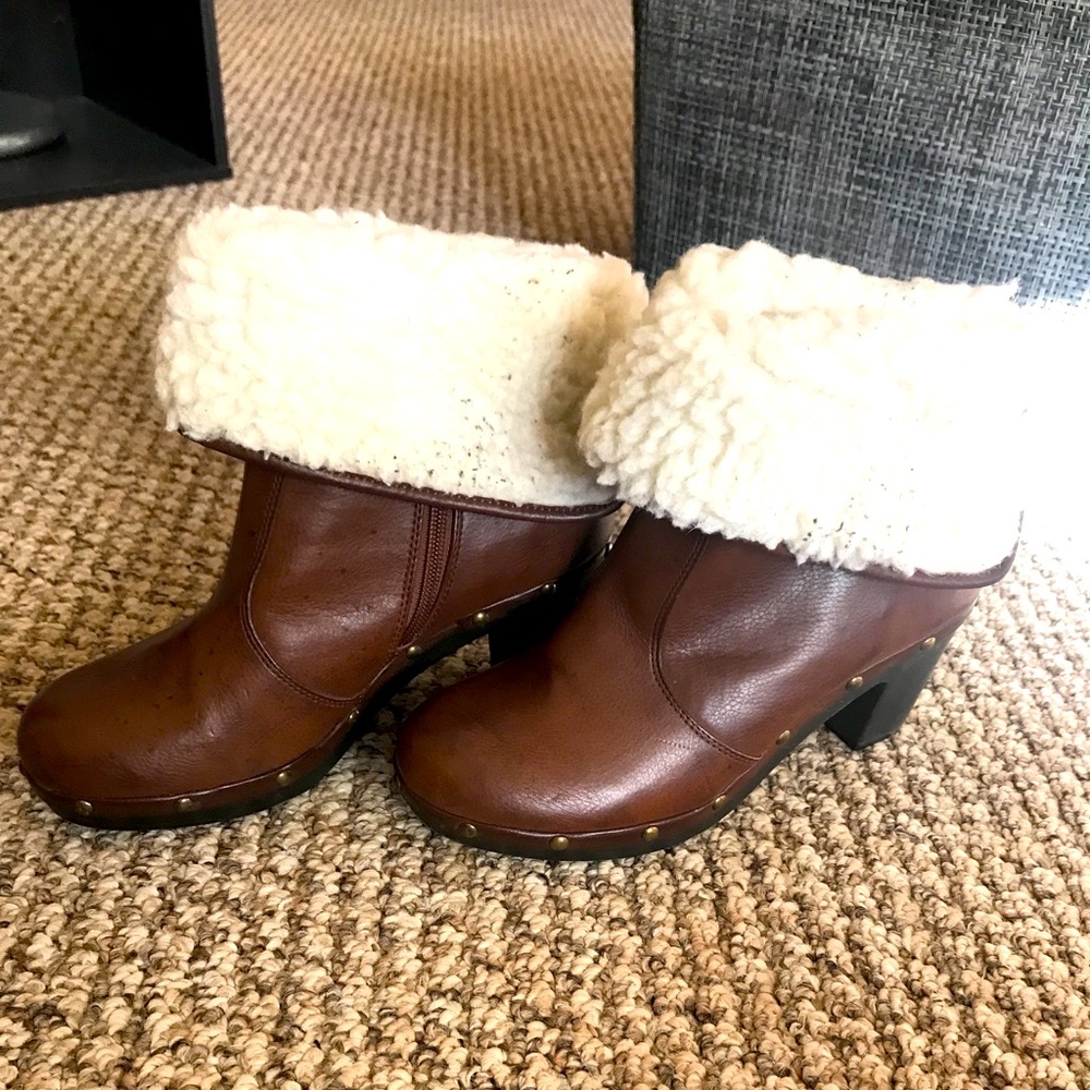 Leather boot faux wool 2”heel, steel nibs